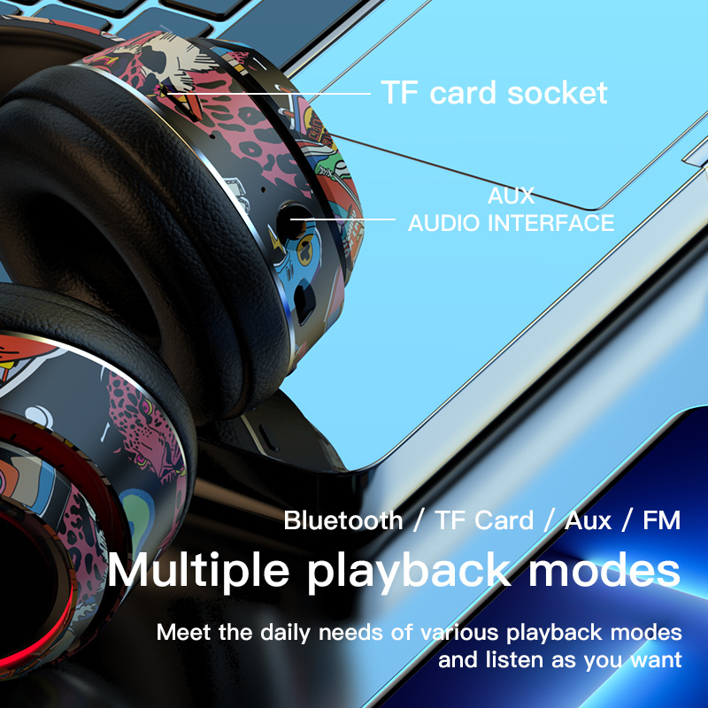 有綫耳機酷炫时尚涂鸦蓝牙耳机炫彩LED可折叠无线HiFi立体声耳机带麦克风支持TF卡有线模式
