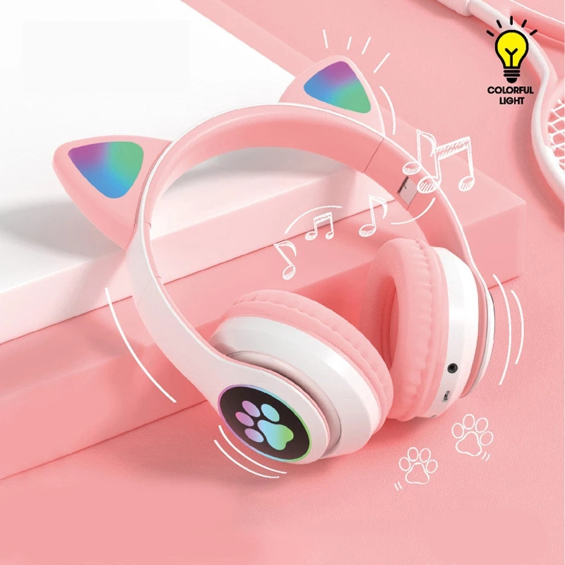 有綫耳機最好的禮物 LED 貓耳無線耳機藍牙 5.0 年輕人兒童耳機支持關閉 LED 3.5 毫米插頭帶麥克風