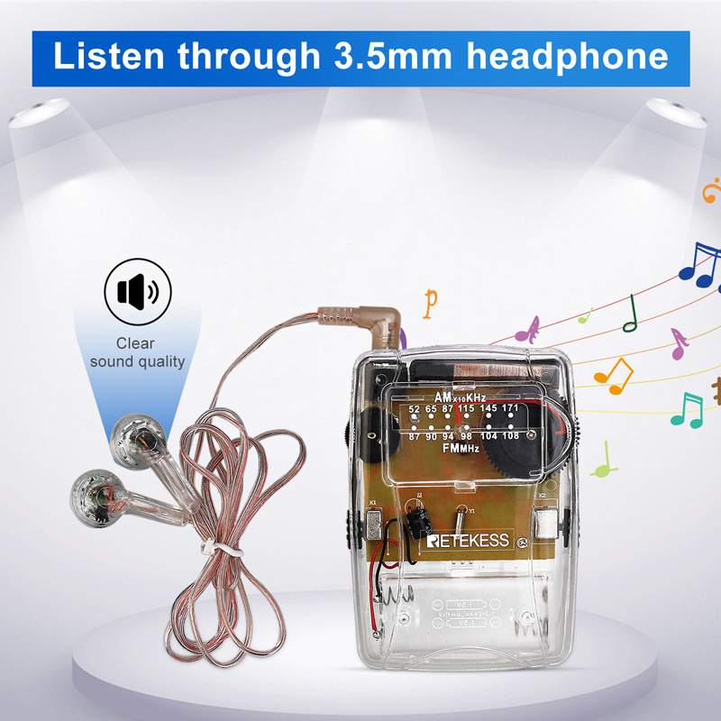 收音機RETEKESS TR624 Transparent Portable Radio AM   FM Pointer Tuning Support Headphones, Used for Church Conference Museum Guide
