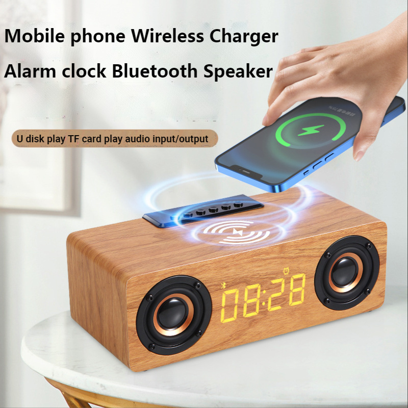 木製音箱Fast Wireless Charger Wooden Wireless Bluetooth Speaker Alarm Clock with Subwoofer 3D Stereo boombox Sound bar for Computer TV