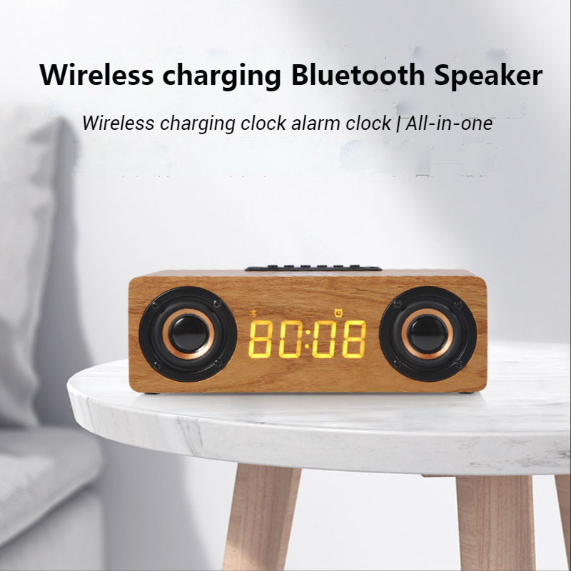 木製音箱Fast Wireless Charger Wooden Wireless Bluetooth Speaker Alarm Clock with Subwoofer 3D Stereo boombox Sound bar for Computer TV