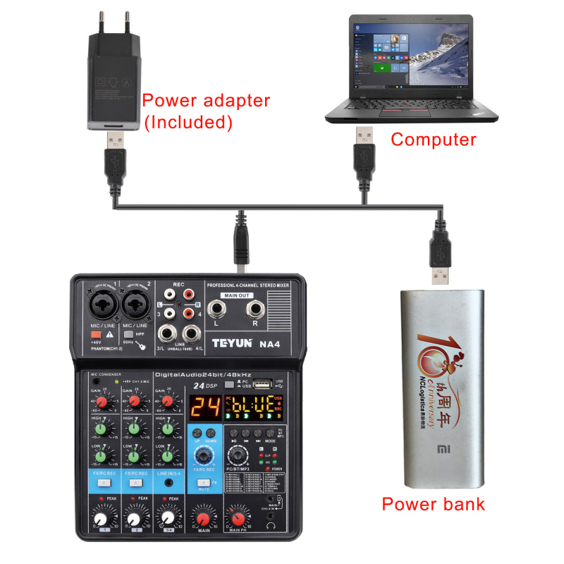 電腦音響4 通道音頻混音器，帶藍牙功能 24 DSP 效果 USB 電腦錄音播放直播 NA4 混音控制台