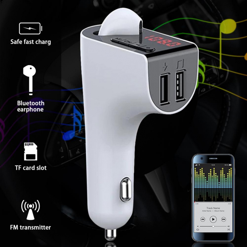 車載免提耳機Car Bluetooth 5.0 Headset FM Transmitter Wireless Hands-free Audio Receiver Car MP3 Player 5V 3.1A Dual USB Fast