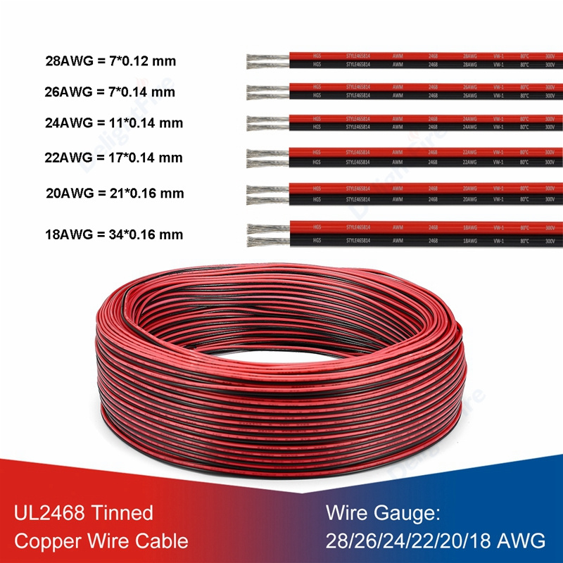 有綫音箱UL2468 2 Pin Electrical Wires 28 26 24 22 20 18 AWG Red Black Flat Ribbon Cable Speaker Wire For LED Car Audio