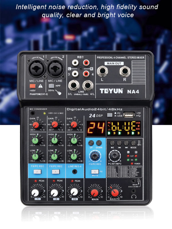 電腦音響Teyun NA4 Upgraded Audio Mixer Sound Board Console Table 4 Channel,USB,Bluetooth, Digital MP3 Computer Input,48V Phantom Power