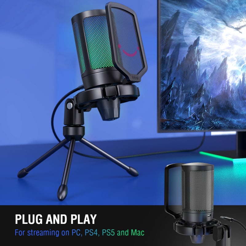 話筒FIFINE ampligame USB Microphone for Gaming Streaming with Pop Filter Shock Mount&Gain Control,Condense