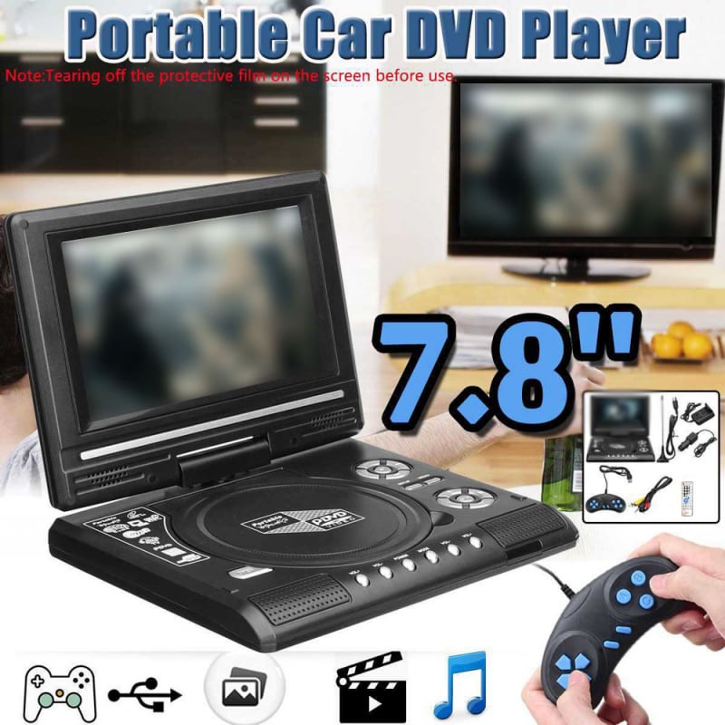 影碟機7.8 英寸 16 9 寬屏 270° 可旋轉液晶屏家用車載電視 DVD 播放器便攜式 VCD MP3 查看器，具有遊戲功能