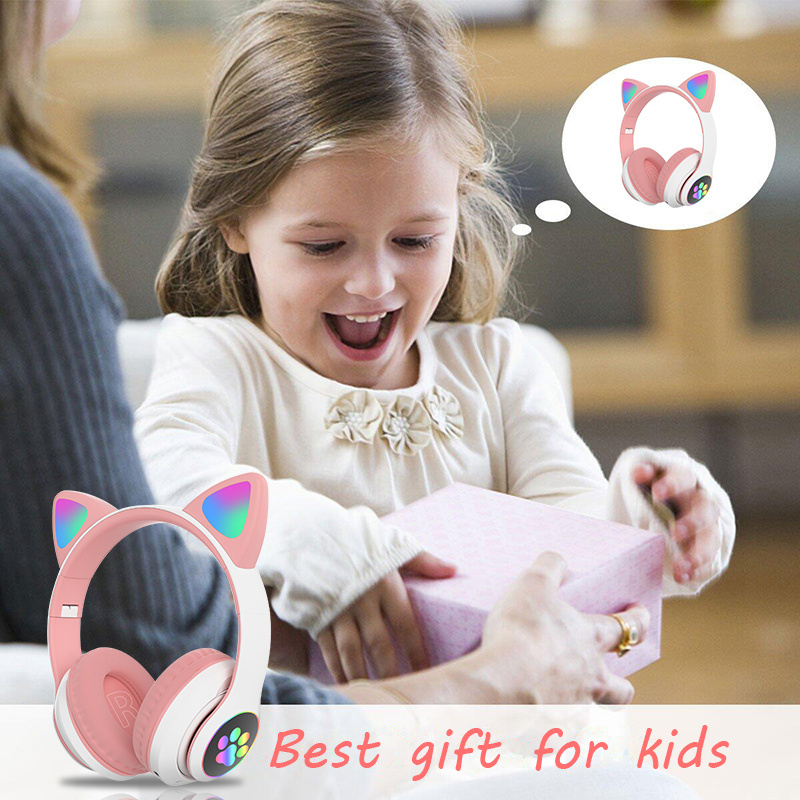腦後耳機最好的禮物 LED 貓耳無線耳機藍牙 5.0 年輕人兒童耳機支持關閉 LED 3.5 毫米插頭帶麥克風