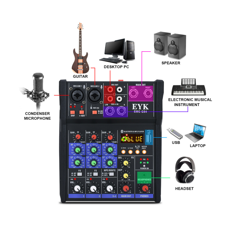 調音臺EYK 立體聲混音器內置 UHF 無線麥克風 4 通道混音控制台，帶藍牙 USB 效果，適用於 DJ 卡拉 OK PC 吉他