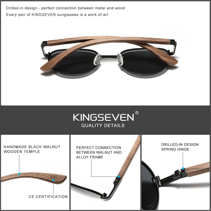 太陽鏡KINGSEVEN 2022 New Handmade Walnut Wood Round Sunglasses Men Women Polarized Mirror Sun Glasses Male Steampunk Shad