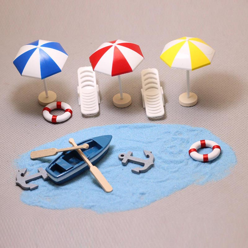 泳圈Summer Beach Landscape Seascape Ornaments Boat Starfish Sun Umbrella Lifebuoy Chair Model Miniature DIY Terrarium Deco