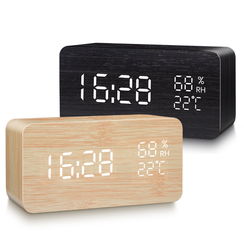 鬧鐘Alarm Clock LED Digital Wooden USB AAA Powered Table Watch With Temperature Humidity Voice Control Snooze Electronic Desk
