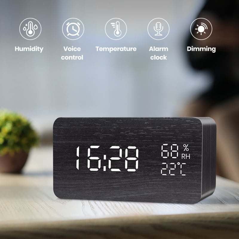 鬧鐘Alarm Clock LED Digital Wooden USB AAA Powered Table Watch With Temperature Humidity Voice Control Snooze Electronic Desk
