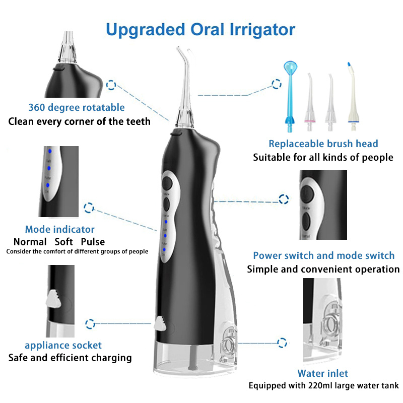 洗牙Oral Irrigator USB Rechargeable Water Flosser Portable Dental Water Jet IPX7 Water Tank Waterproof Teeth Cleaner +5 Nozzles
