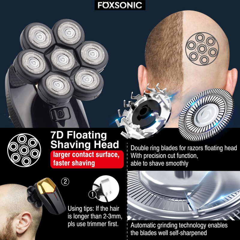 剃鬚刀FOXSONIC New Shaver For Men 7D Independently 7 Cutter Floating Head Waterproof Electric Razor Multifunction Trimmer For Men