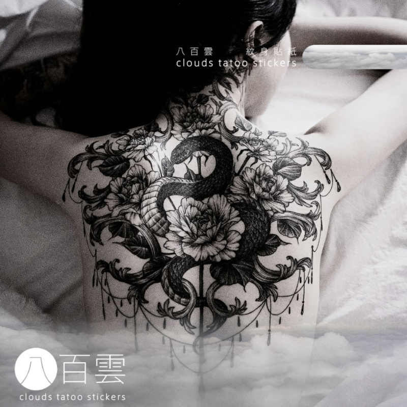 紋身貼Full Back Big Tattoo for Women Temporary Tattoos Waterproof Tattoo Stickers Flower Snake Art Tattoo Lasting Sexy Fake Tattoo