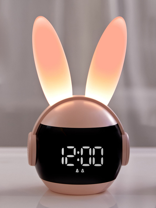 鬧鐘彩虹兔 LED 數字鬧鐘電子 LED 顯示屏聲音控制可愛兔子夜燈檯鐘用於家居裝飾