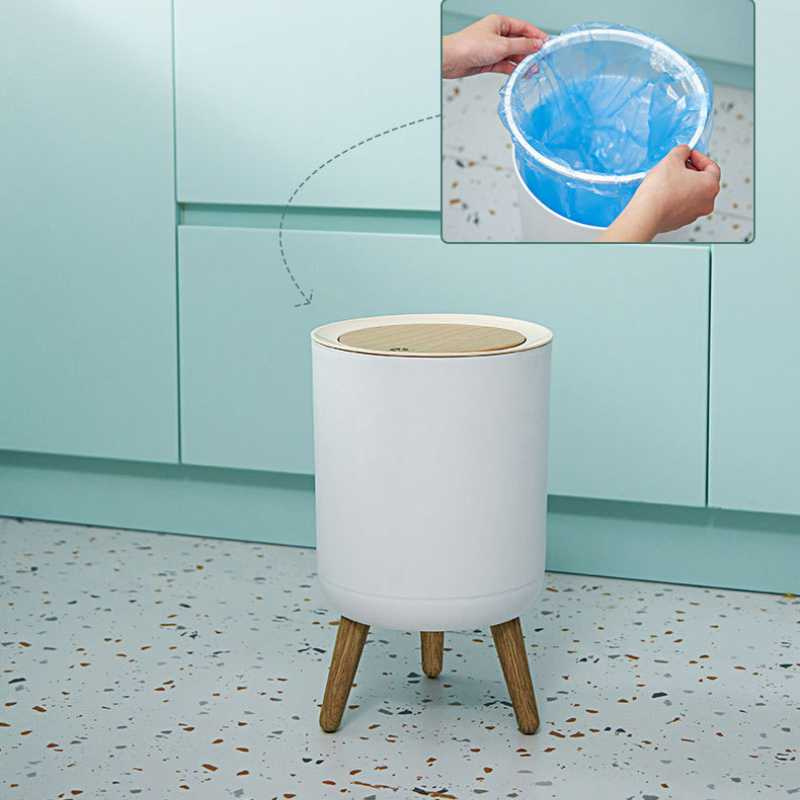 垃圾桶2022中式創意帶蓋按壓高腳仿木紋垃圾桶北歐風格辦公室宿舍垃圾桶