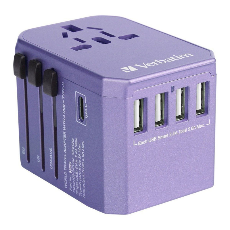 Verbatim - 5 Ports 旅行充電器 [4 x USB+1 x Type-C] [2色]