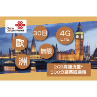 中國聯通 4G/3G 歐洲30日無限流動數據及通話卡 2G