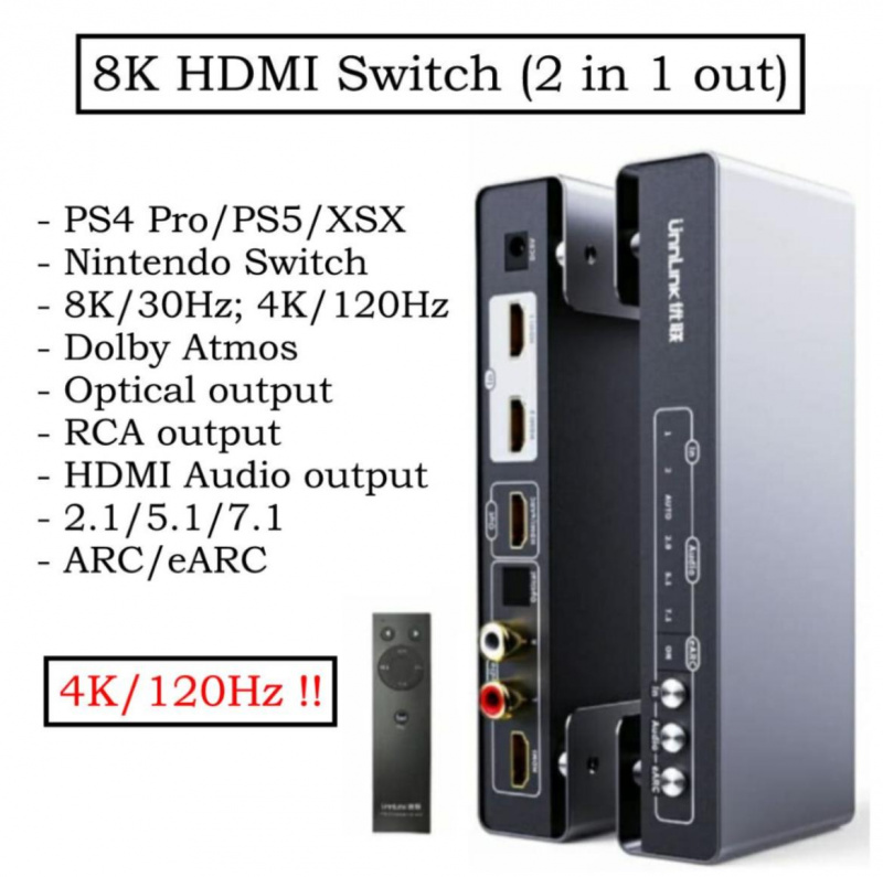 Unnlink 4K/120Hz HDMI Switch + Audio Extractor, HDMI切換器+音頻提取 A0714(New